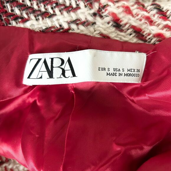 Zara Double-Breasted Red Tweed Blazer Jacket Jewel Buttons Size Small - Picture 5 of 6